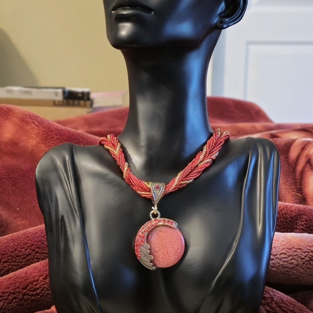 Red Beaded Statement Necklace with Round Pendant